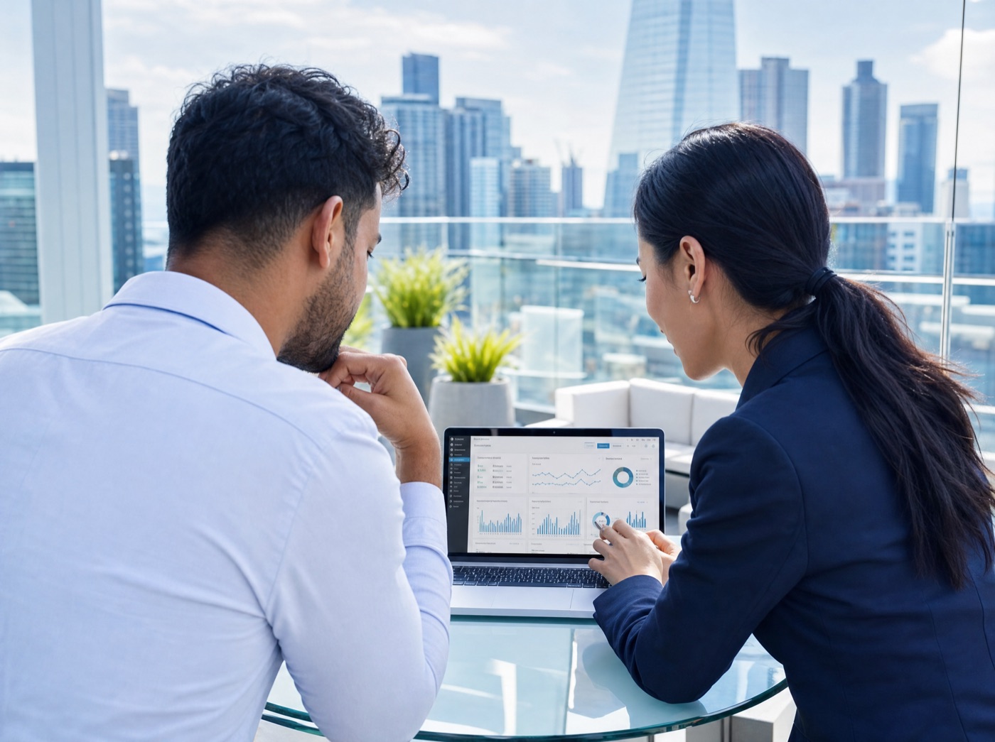 Two colleagues reviewing a live performance dashboard together on a rooftop terrace