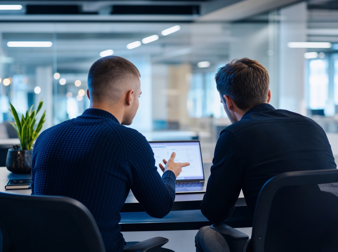 Two people reviewing an AI receptionist demo together on a laptop