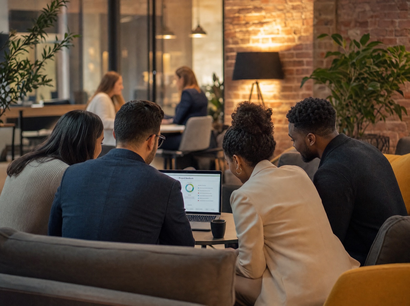Four colleagues gathered around a laptop discussing feedback together